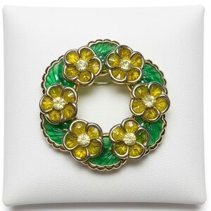 Vintage Poured Glass Floral Wreath Brooch‎ Green Yellow Flower Pin